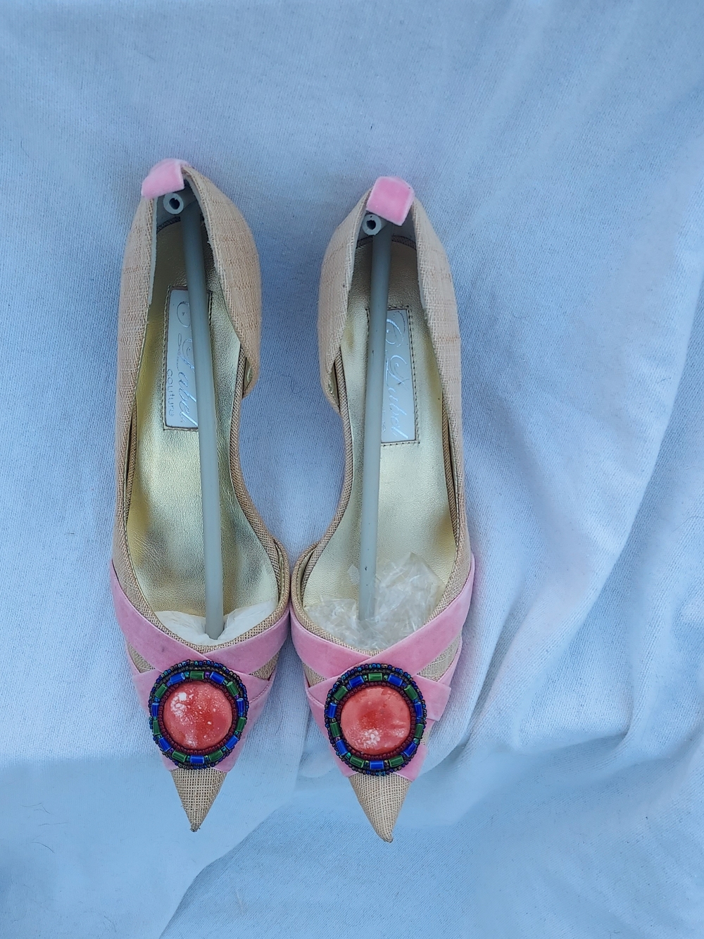 Women's Y2K Pink and Straw Kitten Heels Size 6